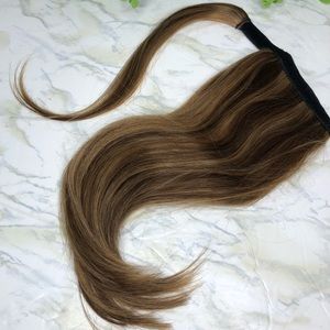 Human hair ponytail extension brown with highlights 14”